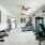 a room with treadmills and a ceiling fan