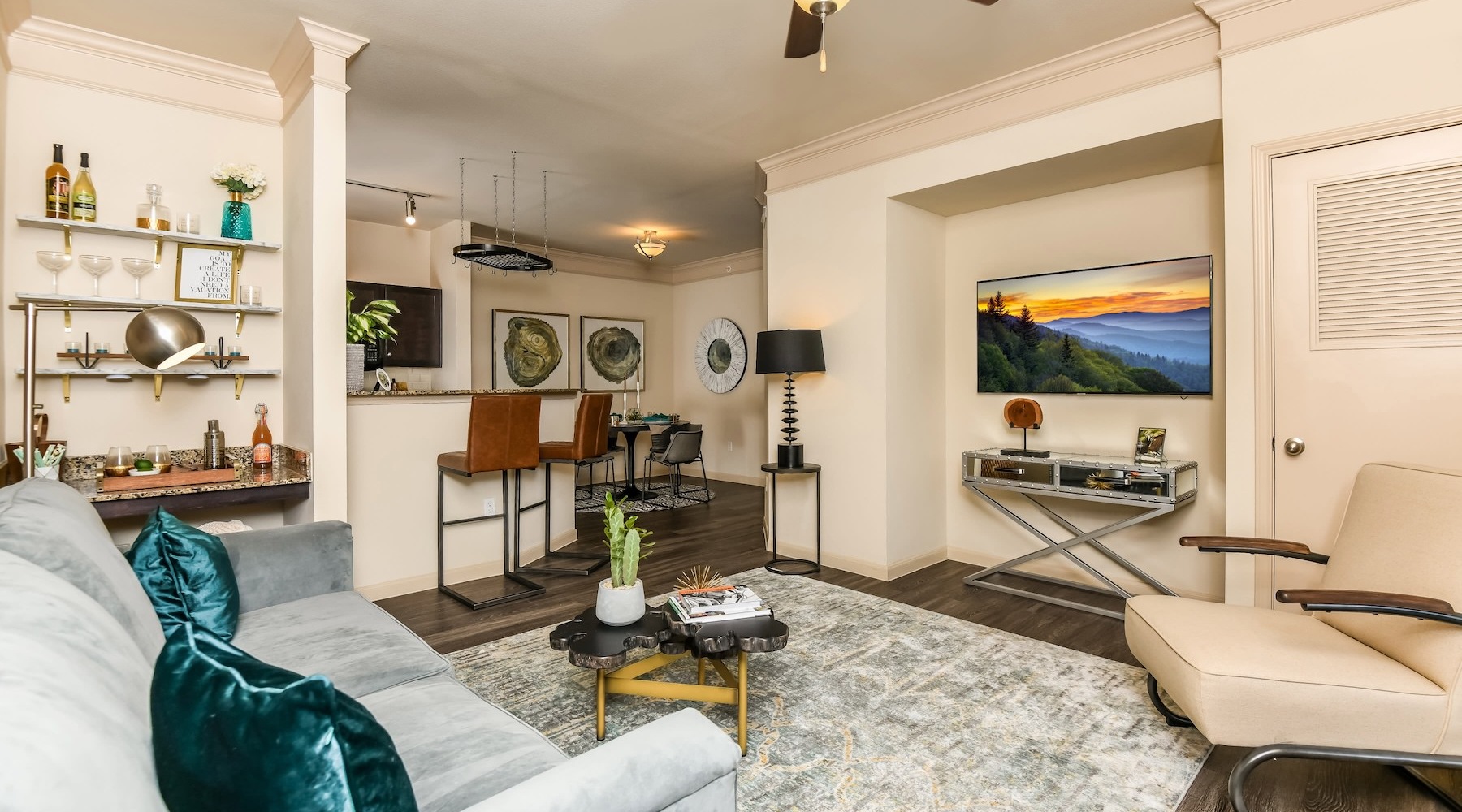 living room with couch tv and ceiling fan